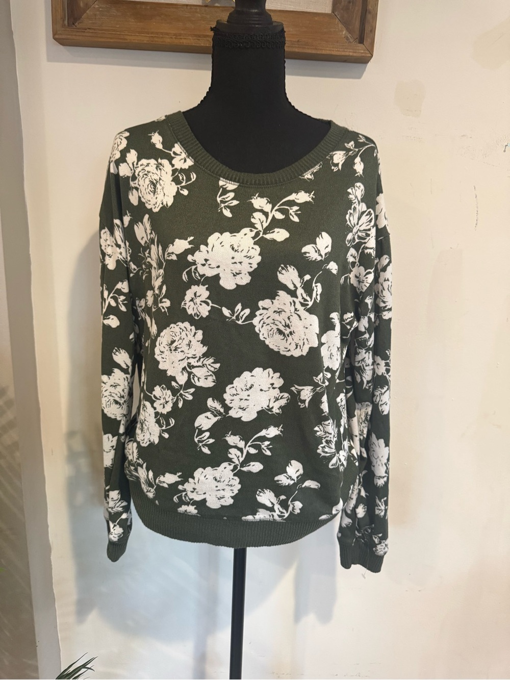 Honeydew Intimates Olive Green Floral Top with White Print